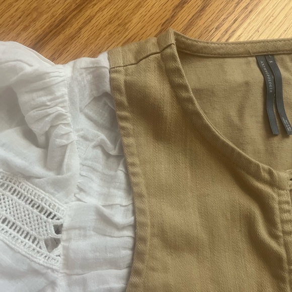 Anthropologie Puff Sleeve Two-fer Top Beige and White Lace Blouse - Picture 3 of 3